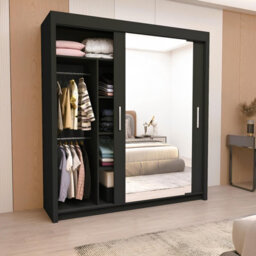 Ie Milan Sliding Mirror Door Wardrobe With Drawers & Shelves - Modern Bedroom Wardrobe, Black, (203 Cm X 216Cm ) - thumbnail 2