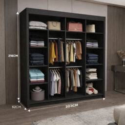 Ie Milan Sliding Mirror Door Wardrobe With Drawers & Shelves - Modern Bedroom Wardrobe, Black, (203 Cm X 216Cm ) - thumbnail 3