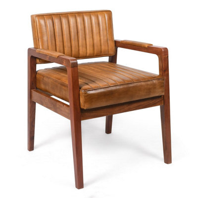 Genuine Real Brown Dining Kitchen Tan Leather And Wood Armchair Retro Fire Side Queen Anne Wing Accent Chair - image 1