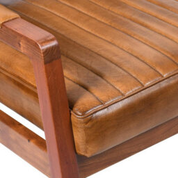 Genuine Real Brown Dining Kitchen Tan Leather And Wood Armchair Retro Fire Side Queen Anne Wing Accent Chair - thumbnail 3