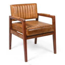 Genuine Real Brown Dining Kitchen Tan Leather And Wood Armchair Retro Fire Side Queen Anne Wing Accent Chair
