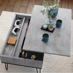 Heze Furniture Hairpin S-90 Modern Lift Top Coffee Table - Concrete & Black - thumbnail 3