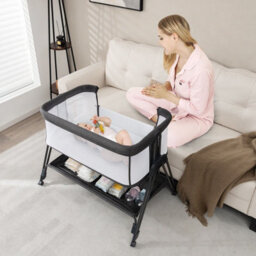 Costway Baby Bedside Crib Folding Sleeper Bassinet Cot Bed Portable 7 Adjustable Heights-Black - thumbnail 5