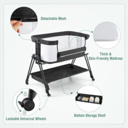 Costway Baby Bedside Crib Folding Sleeper Bassinet Cot Bed Portable 7 Adjustable Heights-Black - thumbnail 4