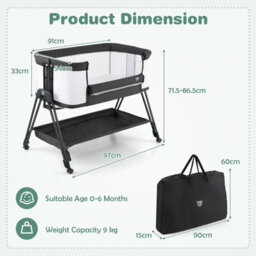Costway Baby Bedside Crib Folding Sleeper Bassinet Cot Bed Portable 7 Adjustable Heights-Black - thumbnail 2
