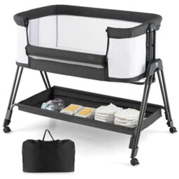 Costway Baby Bedside Crib Folding Sleeper Bassinet Cot Bed Portable 7 Adjustable Heights-Black - thumbnail 1
