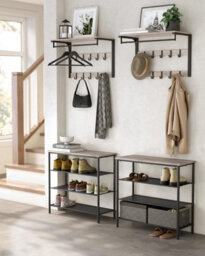 Songmics Wall Coat Rack With Removable Hooks, Mounted Shelf, Entryway Organizer, Bathroom Storage, Greige And Black - thumbnail 3