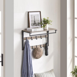 Songmics Wall Coat Rack With Removable Hooks, Mounted Shelf, Entryway Organizer, Bathroom Storage, Greige And Black - thumbnail 1