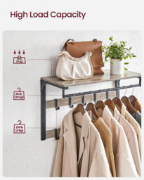 Songmics Wall Coat Rack With Removable Hooks, Mounted Shelf, Entryway Organizer, Bathroom Storage, Greige And Black - thumbnail 6