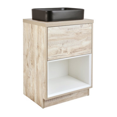 Homestylestore Light Oak 600mm Led Lit Bathroom Vanity Unit Rectangular Countertop Graphite Basin Open Shelf - image 1