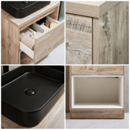 Homestylestore Light Oak 600mm Led Lit Bathroom Vanity Unit Rectangular Countertop Graphite Basin Open Shelf - thumbnail 2