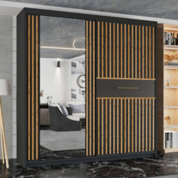 M N Furniture Ltd Wardrobe With Led Light Modern Sliding Wardrobe With Oak Striped Door-Mirrored Bedroom Cabinet 150Cm, 203Cm (Black,203Cm) - thumbnail 1