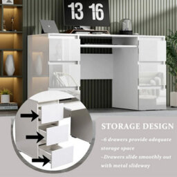 White Table Dressing Table High Gloss Vanity Makeup Computer Desk Socket Storage 6 Drawers - thumbnail 3