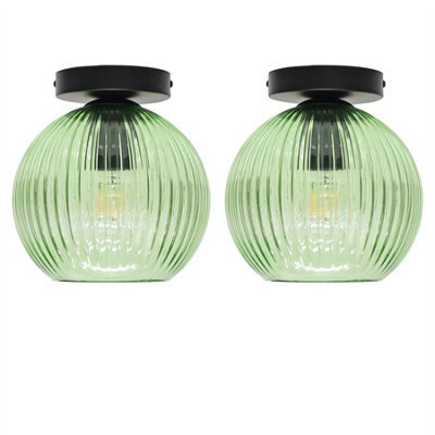First Choice Lighting Set Of 2 Betchley - Green Ribbed Glass Globe Black Ceiling Lights - image 1