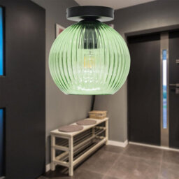 First Choice Lighting Set Of 2 Betchley - Green Ribbed Glass Globe Black Ceiling Lights - thumbnail 4