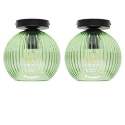 First Choice Lighting Set Of 2 Betchley - Green Ribbed Glass Globe Black Ceiling Lights - thumbnail 1