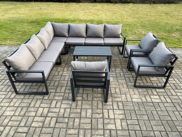Fimous Aluminium Patio Outdoor Garden Furniture Lounge Corner Sofa Set With Oblong Coffee Table 3 Chairs Dark Grey - thumbnail 2