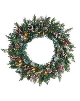 Werchristmas 60 Cm Pre-Lit Snow-Flocked Mixed-Tip Artificial Christmas Wreath With Pinecones And Berries, 40 Warm White Leds - image 1