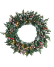 Werchristmas 60 Cm Pre-Lit Snow-Flocked Mixed-Tip Artificial Christmas Wreath With Pinecones And Berries, 40 Warm White Leds - thumbnail 1