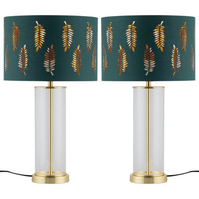 First Choice Lighting Set Of 2 Aura - Satin Brass Lamps With Green Fern Cut Out Shades - image 1
