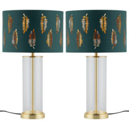 First Choice Lighting Set Of 2 Aura - Satin Brass Lamps With Green Fern Cut Out Shades