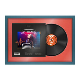 "AK Frames 25X17"" Navy Blue Modern Vinyl Record Frame With Poppy Red Mount For 12 Inch Lp Cover & Disc - Overlapped Design"