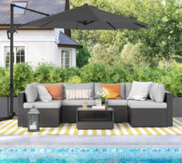 Songmics Cantilever Garden Parasol, Hanging Offset Umbrella With Rotating Shade And Tilt Adjustments, Crank Open, With Base, Grey - thumbnail 1