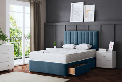 DS Living Amelia Blue Upholstered Panel Divan Bed With Headboard And Two Drawers Double - image 1