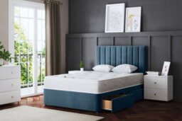 DS Living Amelia Blue Upholstered Panel Divan Bed With Headboard And Two Drawers Double