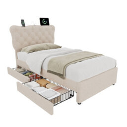 Merax 3Ft Single Bed 90X190 Cm, Upholstered Linen Bed With Rivet Design Headboard, Usb, Type-C Charging Station, 2 Drawers, Beige - thumbnail 8