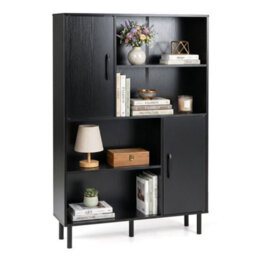 Black Cube Storage Cabinet Rustic Brown Bookcase With 2 Doors And 4 Open Shelves - thumbnail 1