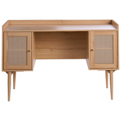 Wyld and Coco Aurora Home Office Desk - Mdf Light Brown With Rattan Fronts, 2-Door Storage, Slim Iron Legs - image 1