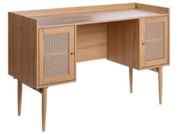 Wyld and Coco Aurora Home Office Desk - Mdf Light Brown With Rattan Fronts, 2-Door Storage, Slim Iron Legs - thumbnail 3