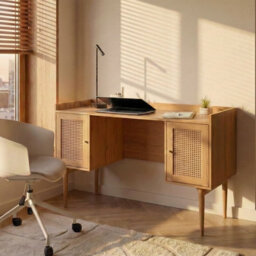 Wyld and Coco Aurora Home Office Desk - Mdf Light Brown With Rattan Fronts, 2-Door Storage, Slim Iron Legs - thumbnail 2