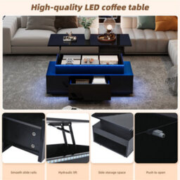 Abrihome Lift-Top Coffee Table, Highgloss Centre Table With 1 Drawers & Led Lights, Hidden Storage Space, Tea Table, For Livingroom, Black - thumbnail 3