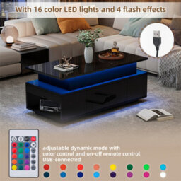 Abrihome Lift-Top Coffee Table, Highgloss Centre Table With 1 Drawers & Led Lights, Hidden Storage Space, Tea Table, For Livingroom, Black - thumbnail 4