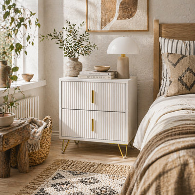 Wyld Haus Bapano 2-Drawer Ribbed Bedside Table, White With Gold Accents, 40 X 40 X 47 Cm - image 1