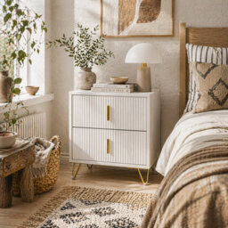 Wyld Haus Bapano 2-Drawer Ribbed Bedside Table, White With Gold Accents, 40 X 40 X 47 Cm - thumbnail 1