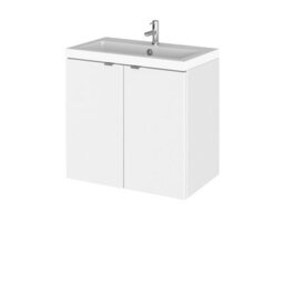 Hudson Reed Fusion Wall Hung 2 Door Vanity Unit & Polymarble Basin Compact, Stylish Vanity Unit With Basin, Gloss White, 600mm - thumbnail 1