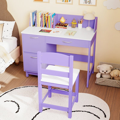 Costway Kids Study Desk & Chair Set Children Writing Table With Drawer & Cabinets-Purple - image 1