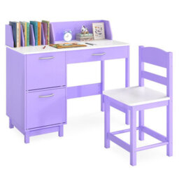 Costway Kids Study Desk & Chair Set Children Writing Table With Drawer & Cabinets-Purple - thumbnail 2