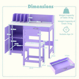 Costway Kids Study Desk & Chair Set Children Writing Table With Drawer & Cabinets-Purple - thumbnail 3