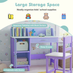 Costway Kids Study Desk & Chair Set Children Writing Table With Drawer & Cabinets-Purple - thumbnail 6