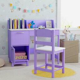 Costway Kids Study Desk & Chair Set Children Writing Table With Drawer & Cabinets-Purple - thumbnail 5