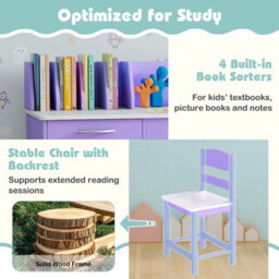 Costway Kids Study Desk & Chair Set Children Writing Table With Drawer & Cabinets-Purple - thumbnail 7