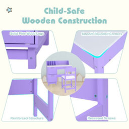 Costway Kids Study Desk & Chair Set Children Writing Table With Drawer & Cabinets-Purple - thumbnail 8