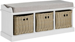 Statement Furniture Tetbury Bench With 3 Brown Faux Wicker Baskets And Cream Cushion- White