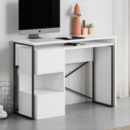 Decortie Modern Badau L-Shaped Computer Desk White Black Metal Legs 3 Adjustable Storage Shelf Extra Table 110Cm(W) Work Pc Office - thumbnail 5