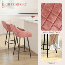 Homcom Bar Stools Set Of 2, Velvet-Touch Fabric Counter Height Bar Chairs Pink - thumbnail 5