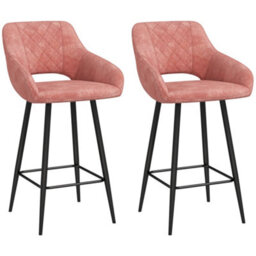 Homcom Bar Stools Set Of 2, Velvet-Touch Fabric Counter Height Bar Chairs Pink - thumbnail 2